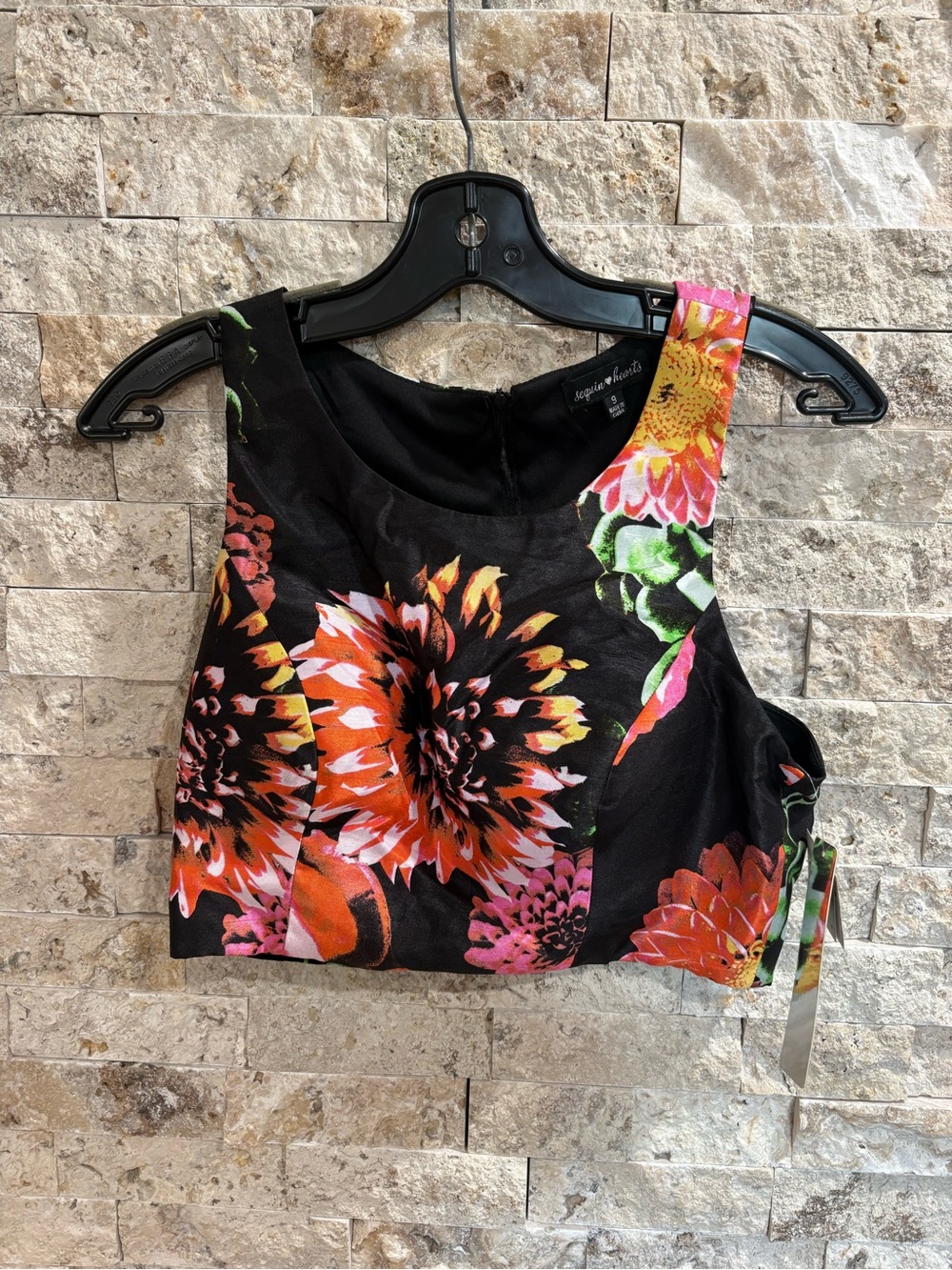 Sequin Hearts Black Crop Top with Orange, Pink & Green Floral Print 9